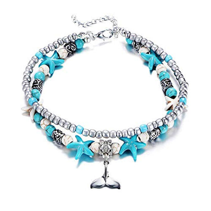 Softones Blue Starfish Turtle Anklet Multilayer Charm Beads Sea Handmade Boho Anklet Foot Jewelry for Women - style: N:Tail