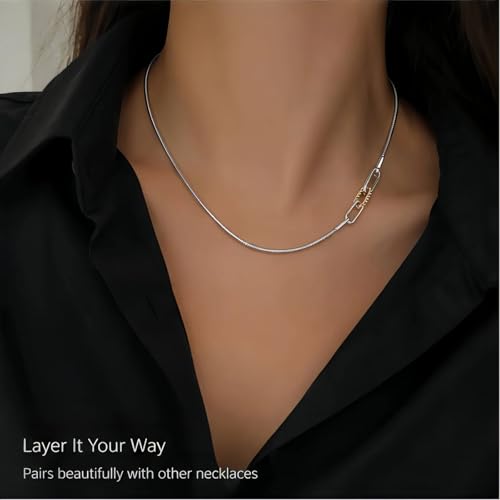 Two Tone Snake Chain Necklace for Women, Adjustable Mixed Metal Paperclip Link Necklace, Stainless Steel Waterproof Layering Necklace, Minimalist Silver Gold Everyday Jewelry