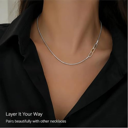 Two Tone Snake Chain Necklace for Women, Adjustable Mixed Metal Paperclip Link Necklace, Stainless Steel Waterproof Layering Necklace, Minimalist Silver Gold Everyday Jewelry