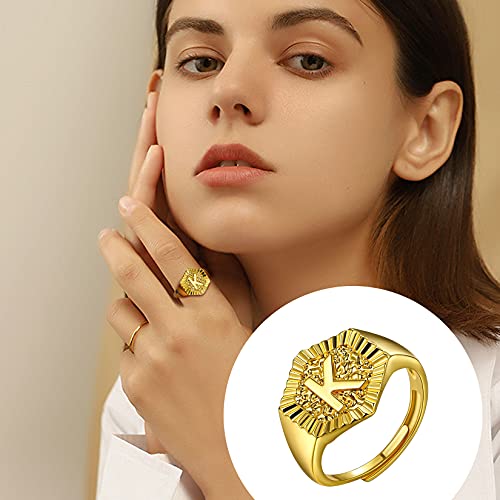 U7 Initial Ring Wedding Band for Men Women 18K Gold Plated Statement Hexagon A-Z Letter Jewelry Personalized Stackable Signet Rings - color: K