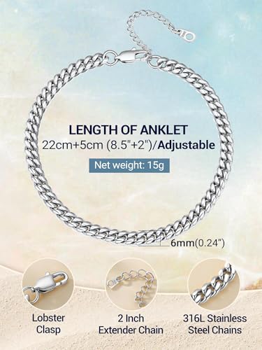 PROSTEEL Ankle Bracelets for Women, Silver/Gold/Black, Waterproof Anklets | Waterproof, Stainless Steel, Summer Beach Jewelry, Durable & No Tarnish, Come with Gift Box, 8-10.5" Adjustable, Plus Size - color: A: silver-thick cuban chain-6mm