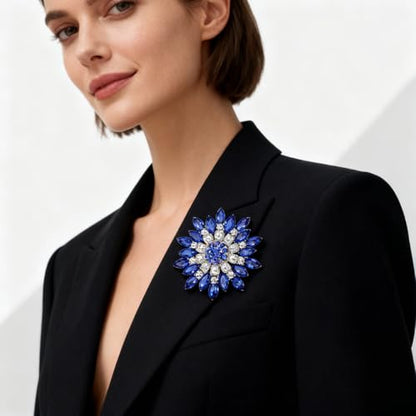 Rhinestone Sunflower Brooch for Women Sparkling Cubic Zirconia Flower Brooch Pin Elegant Large Crystal Floral Lapel Pin Dainty Clothing Hat Bag Accessories Christmas Wedding Bridal Birthday Jewelry - color: Blue1