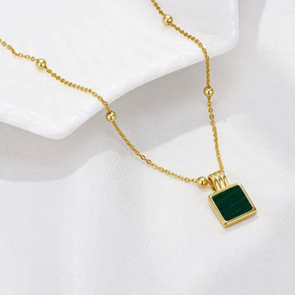 FRUMOS Dainty Layered Choker Necklace 18k gold Plated Y Pendant Commemorative coin Necklace Multilayer Bar Disc Necklace Adjustable Layering Choker Necklaces fashion jewelry for Women Girls - color: Square malachite Pendant