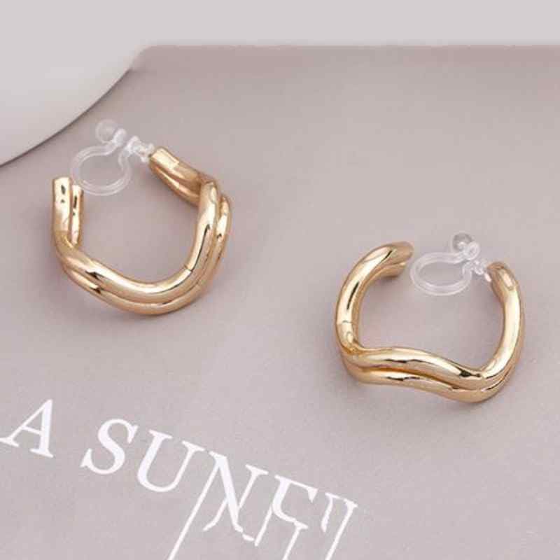 Hoop Invisible Clip On Earrings for Women Not Pierced Gold Small Twisted Hoop Comfortable Silver Large Clip On Earrings - color: Double Waved Hoop Gold