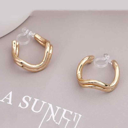 Hoop Invisible Clip On Earrings for Women Not Pierced Gold Small Twisted Hoop Comfortable Silver Large Clip On Earrings - color: Double Waved Hoop Gold