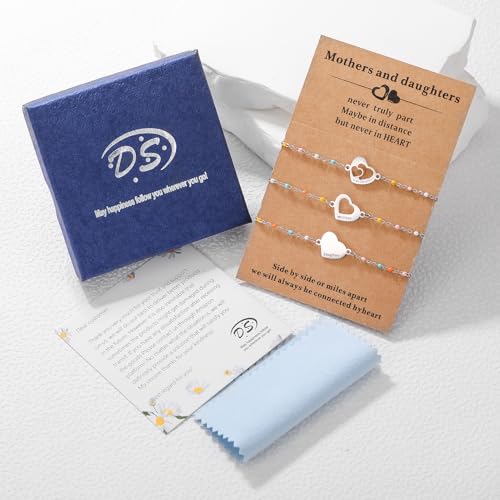 DS Mother Daughter Matching Bracelets,Adjustable Stainless Steel Gift Set | mother’s Day & Birthday Gift Box,Heart Charm,Mommy & Me Style,18K Gold Plated,Hypoallergenic,Daily Wear,Fits Women Teen Girls - color: Silver-6