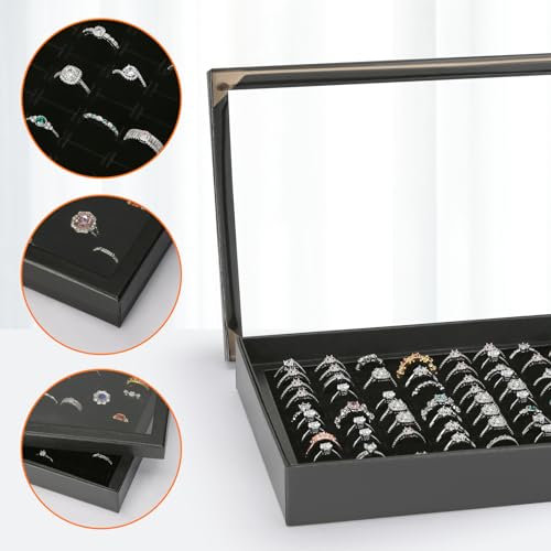 KUKUVR 100 Slots Ring Earring Holder Display Case (Black) | Velvet, Clear Lid, Ring Earring Storage Organizer Box Tray, for Women and Selling Show - color: Black