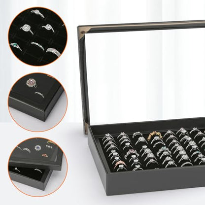 KUKUVR 100 Slots Ring Earring Holder Display Case (Black) | Velvet, Clear Lid, Ring Earring Storage Organizer Box Tray, for Women and Selling Show - color: Black
