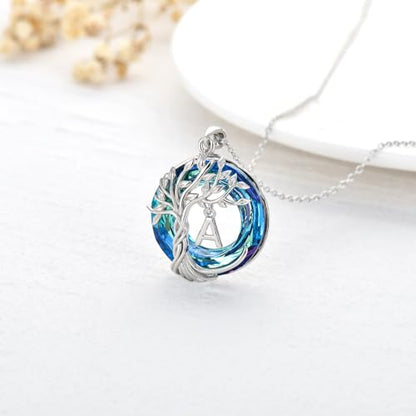 TOUPOP Gifts for Women Tree of Life Initial Necklace 925 Sterling Silver Letter Pendant with Blue Crystal Birthday Jewelry Gifts for Women Her Mom Wife Daughter - color: Tree of Life A Initial