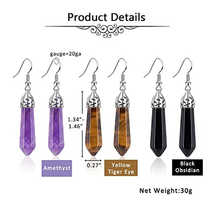 Jovivi 3Pairs Healing Crystals Earrings Sets for Women Natural Real Amethyst Rose Quartz Stone Healing Hexagonal Points Crystal Chakra Dangle Earrings - color: Style 6
