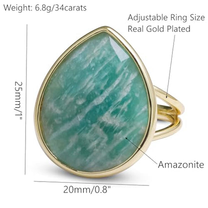 Crystal Ring for Women, Natural Rose Quartz Green Fluorite Ring for Her, Teardrop Shape Gemstone Ring, Handmade rose quartz Jewelry Adjustable Ring. - color: Amazonite