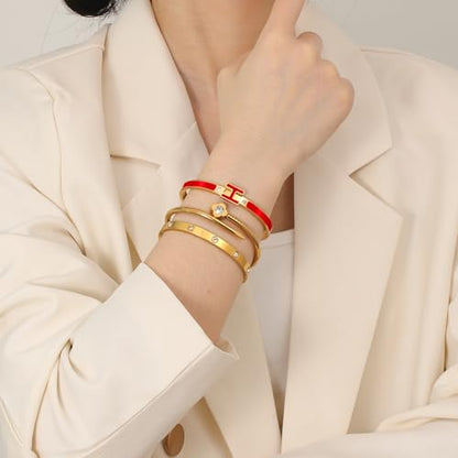 3Pcs Gold Bracelets for Women 14K Gold Plated Love/H/Nail Bangle Bracelet Dainty Non Tarnish Bracelet Jewelry Christmas Mothers Day Gifts for Women - color: 3Pcs Gold/Red H bracelet