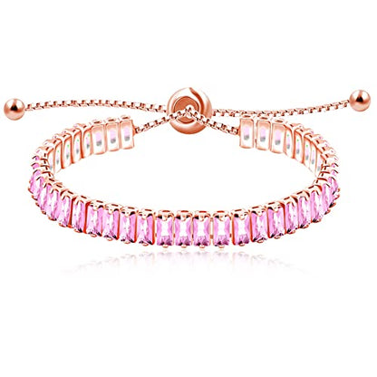 Uloveido Classic Emerald Cut Rectangular Cubic Zirconia Eternity Tennis Bracelet Adjustable for Women Y1788 - color: Rose Gold-pink