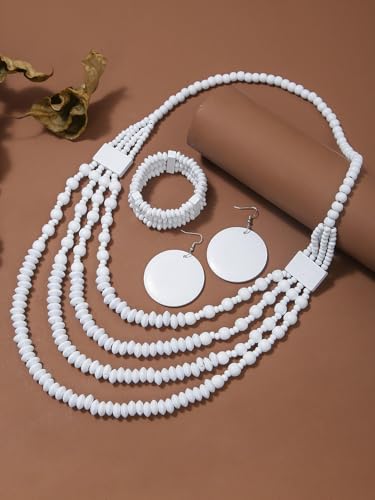 Colorful Ethnic Wooden Earrings Round Statement Dangle Earrings Multilayered Geometric Beaded Bracelet Necklace Set for Women Exaggerated Tribal Jewelry - color: White
