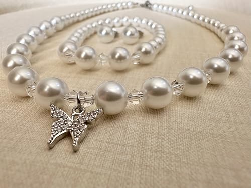 LEILE Faux Pearl Necklace Set for Women, Bracelet Earrings | Butterfly Pendant Design/Crystal/Rhinestone Daily Elegant Outfit, Gift - style: White, 14.5 in