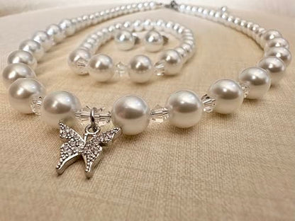 LEILE Faux Pearl Necklace Set for Women, Bracelet Earrings | Butterfly Pendant Design/Crystal/Rhinestone Daily Elegant Outfit, Gift - style: White, 14.5 in