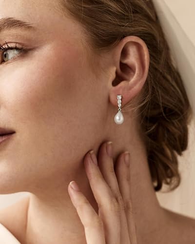 Pearl Earrings for Women Trendy Dainty Wedding Earring 14K Gold Plated/Silver Plated Dainty Cute Drop Dangle Pearl Earrings Studs Hypoallergenic CZ Diamond Wedding Earrings for Brides Prom Jewelry Gift for Women - color: 07.Silver long