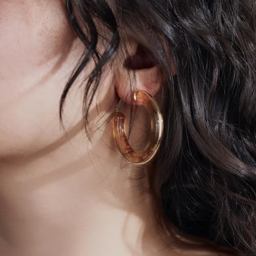 Chunky Gold Resin Hoop Earrings Leverback Statement Huggie Hoops Dangle Drop Dressy Earring Prom Festival Vacation Jewelry for Women - color: Amber, size: Hoop