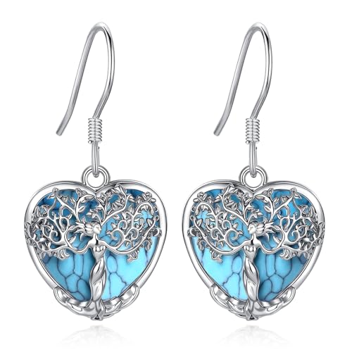 AEONSLOVE Tree of Life Crystal Earrings with Sterling Silver Ear Hooks, Dangle Drop Tree Earrings Gifts for Women - style: A01-Turquoise-Heart