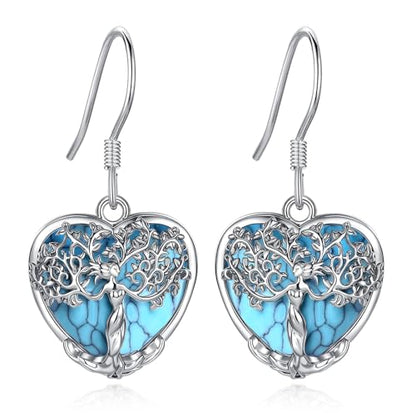 AEONSLOVE Tree of Life Crystal Earrings with Sterling Silver Ear Hooks, Dangle Drop Tree Earrings Gifts for Women - style: A01-Turquoise-Heart