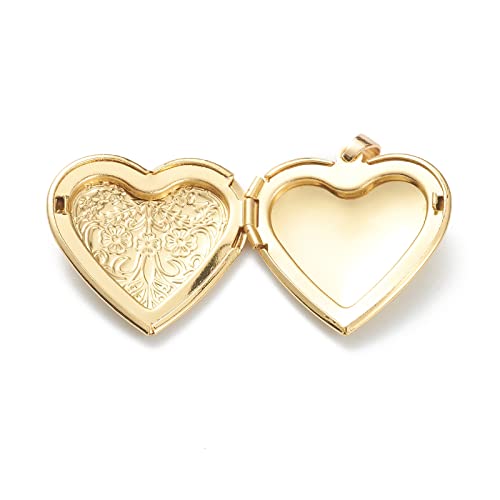 Craftdady 18K Gold Plated Brass Photo Locket Frame Pendants Charms for Necklaces Personalized Jewelry Crafts Making - size: 29x28.5mm Heart with Flower