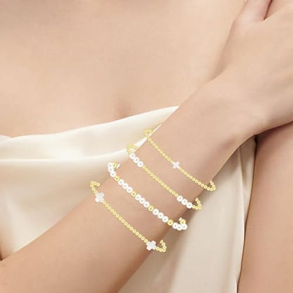 14K Gold Plated Stackable Beaded Bracelets for Women - 4Pcs Cross & Pearl Stretch Bracelet Stack, Waterproof Gold Beaded & Pearl Bracelet Set