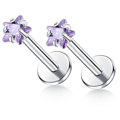 BelezaDosas G23 Titanium Labret Studs Threadless 16G Lip Rook Lobe Tragus Helix Cartilage Push Back Earring Piercing Jewelry - style: 1pair Star Purple