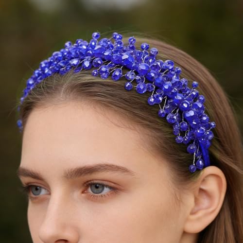 Denifery Large Crystal Headband for Wedding Bridal Hair Band Headpiece for Party Prom Hair Accessories (blue) - color: blue