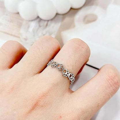 Fashionable and Cute Hollow Cat Claw Footprint Stainless Steel Open Ring Female Creative Couple Ring Animal Jewelry - color: silvery