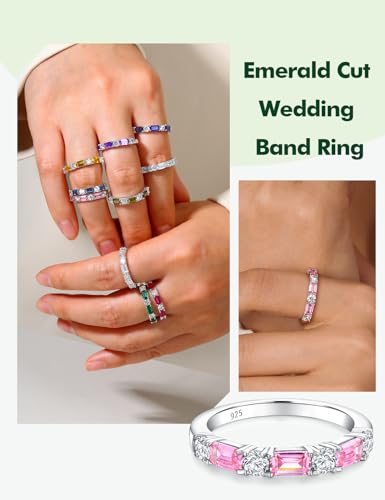 3.5mm Half Eternity Band Sterling Silver Rings for Women Sapphire/Ruby/Emerald and Cz Wedding Bands 7 Stone Stackable Birthstone Ring Anniversary Jewelry Size 6-10 - color: 10-Pink Sapphire-Oct.