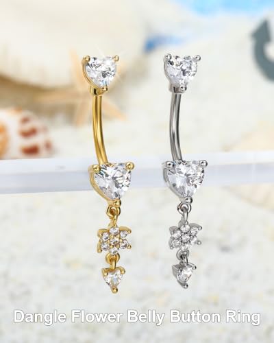 Jewseen Dangle Flower Belly Button Rings 14G Dangle Heart Navel Ring 10MM Gold Curved Barbell Belly Button Piercing for Women Stainless Steel Dainty Navel Piercing Jewelry - color: Silver