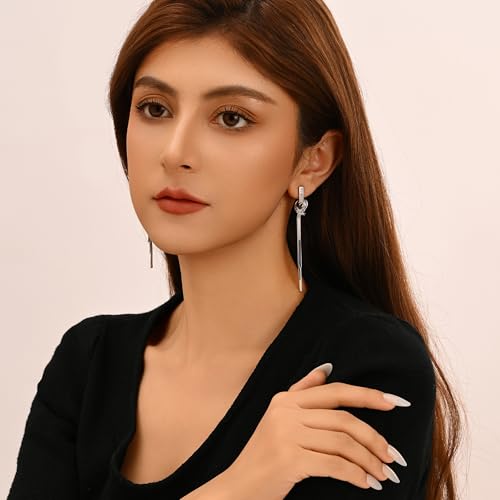 Dangle Earrings for Women, Sparkly Rhinestone Long Tassel Chain Earrings | 18K Gold or 18K White Gold Plated, 925 Sterling Silver Posts, Cubic Zirconia, Hypoallergenic, Tarnish Resistant, Lightweight - color: Silver