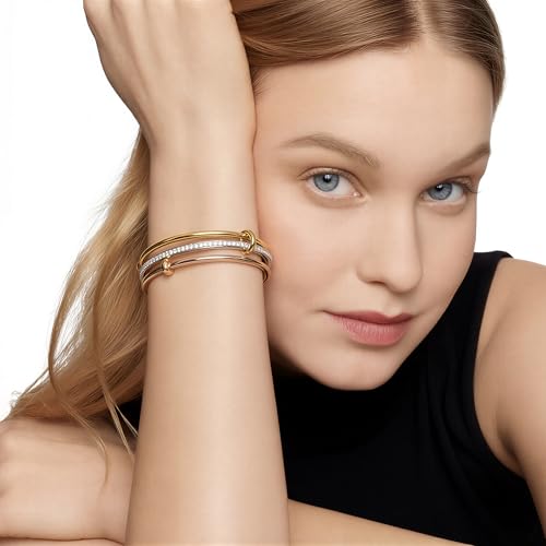 mixed metal Tri-Tone Bangles Bracelet for Women, 3/5 Pcs Stainless Steel Gold Plated Stackable Bracelet Set, Stylish Jewelry Gift - color: Silver zirconium + gold + rose gold, size: 60