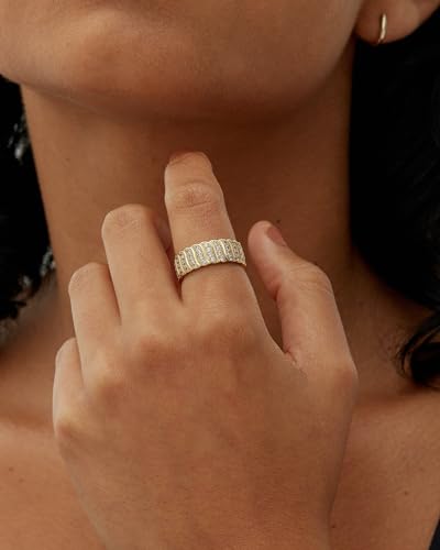 PAVOI 14K Gold Plated Chunky Ring | Cubic Zirconia Stackable Rings | Chunky Wide Band for Women - color: Yellow Gold