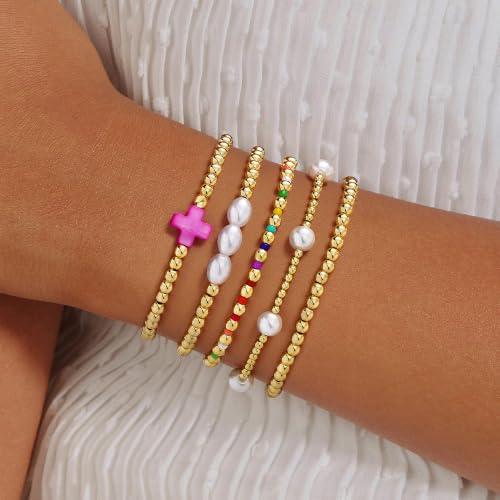 Turandoss 5PCS 14K Gold Plated Beaded Stretch Bracelets Set for Women | Stacked Bow Cross Wave Knot Pearl Beads Bracelet Set, Waterproof 7 Inch Stretch Elastic, Summer Jewelry Gifts for Women Girls - color: 5PCS Pink Cross Beaded Bracelets