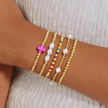 Turandoss 5PCS 14K Gold Plated Beaded Stretch Bracelets Set for Women | Stacked Bow Cross Wave Knot Pearl Beads Bracelet Set, Waterproof 7 Inch Stretch Elastic, Summer Jewelry Gifts for Women Girls - color: 5PCS Pink Cross Beaded Bracelets