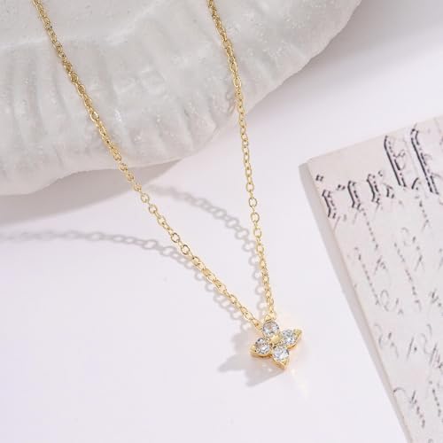 Gold Silver Necklace for Women, Dainty Cubic Zirconia Pendant | Teardrop CZ Charm, 14K Gold/Sterling Silver Plated, Adjustable Chain, Hypoallergenic & Waterproof Jewelry, Cute Trendy Gift - color: Gold-Clover necklace