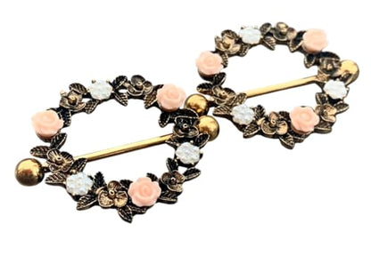 PAIR of Unique Floral Wreath 316L Surgical Steel Nipple Shields - Ring -14g - Body Jewelry - color: Gold