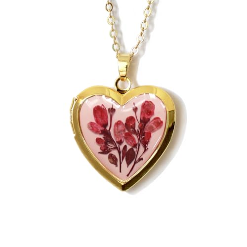 Handmade Dried Pressed Flower Heart Shaped Photo Locket Pendant Necklace - color: Gold, style: Fushia Flower on Pink
