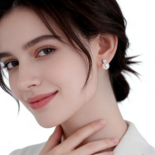 Faux Pearl Cubic Zirconia Stud Earrings, Hypoallergenic Lightweight Round Pearl Studs for Women - color: Pinkish White, size: Pearl 10mm-CZ 6mm