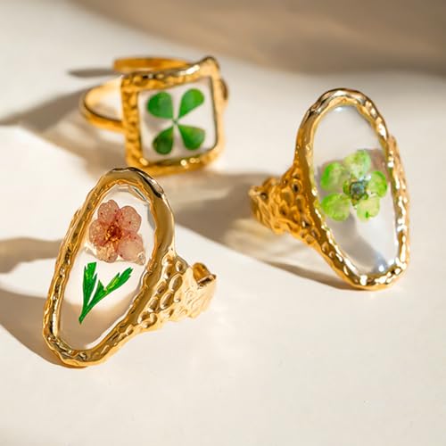 Hebelee Handmade Dried Flower Statement Ring for Women | Gold-Toned Stainless Steel,Adjustable,Pressed Blossom Forget-Me-Not Flowers Open Band Rings,Wedding Holiday Jewelry - color: Square Green Leaf