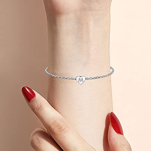 KunBead Initial Engraved Letter Bracelets Dainty Mini Size Heart Love Charm Stainless Steel Bracelets for Women Birthday Jewelry - style: M