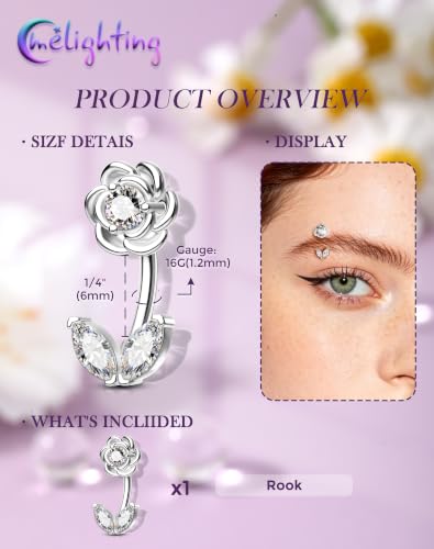 Melighting 16G Flower Rook Piercing Jewelry Marquise Stainless Steel 316L | Delicate Floral Leaf Design, 5A Grade Cubic Zircon, Dainty Eyebrow Piercing - color: Steel, size: 16g6mm