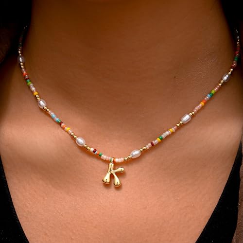 Ritach Initial Necklaces for Women Girls Kids - Light Colorful Beaded Pearl Initial Necklace Gold/Silver Bubble Pendant Letter Necklace for Women Teens Girls Kids Birthday Gifts - color: Gold, style: C