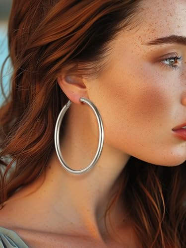 FindChic Hoop Earrings for Women, Silver/Black/14K Gold Plated Hypoallergenic Hollow Round Tube Loop Earrings, 20mm/30mm/40mm/60mm/80mm Chunky Hoops with Custom Name Options & Gift Box - color: b.Silver, size: 80MM