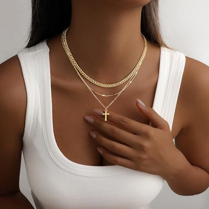 Layered Gold Necklace for Women, 14K Gold Plated Necklace Stack Set, Dainty Pendant Necklace Non Tarnish, Fashion Bow CZ Circle Star Hammered Cross Jewelry Gift for Women - color: 04-Gold