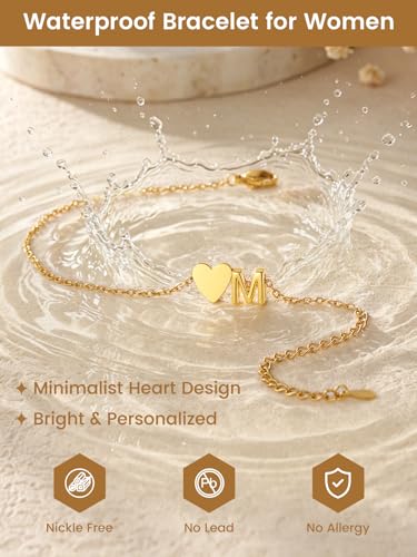 KeyStyle Initial Heart Bracelet for Women Waterproof Stainless Steel Chain | 14K Gold Plated /Silver A-Z Letter Adjustable Charm Bracelet, Hypoallergenic Non Tarnish Dainty Gift for Everyday Wear - color: 14K Gold Plated-G