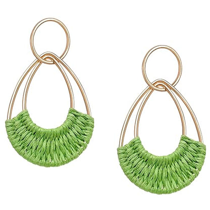 Raffia Hoop Earrings for Women Fun Boho Summer Beach Earrings Lightweight Handmade Straw Wicker Rattan Dangle Earrings Statement Geometric Round Drop Earrings - color: Green - Teardrop