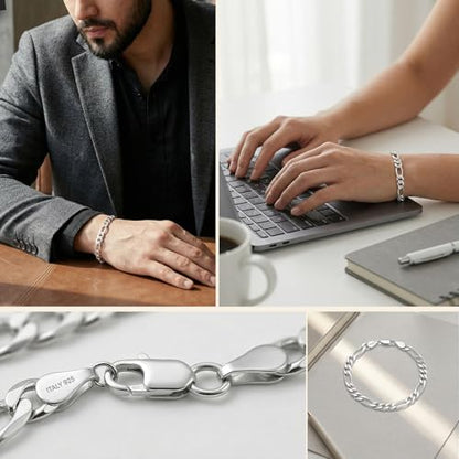 LeCalla Solid 925 Sterling Silver Figaro Link Chain Bracelet | Italian Diamond-Cut Figaro Chain Bracelet for Women Men (7, 7.5, 8, 8.5, 9 Inches) - color: 5 MM, size: Length 8 IN (Women Large & Men Medium)