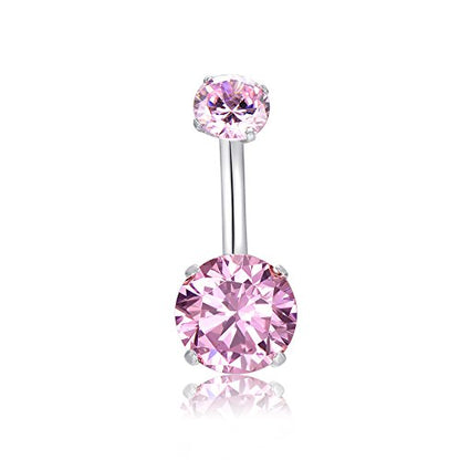 HQLA 14G Belly Button Rings Surgical Stainless Steel Round Cubic Zirconia Navel Barbell Stud Body Piercing - color: Pink